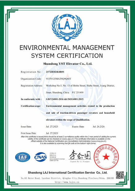 Porcelana Shandong YST Elevator Co., Ltd. certificaciones